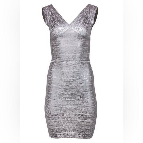 Herve Leger Metallic Silver Plunge Bandage Dress - Picture 2 of 6